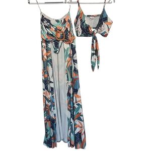 L'ATISTE Tropical Print 2pc Playsuit Bikini Top Buckle Skirt w/Attached Bottoms